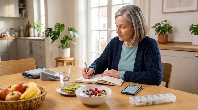 Woman over 50 records blood pressure result in wellness journal, surrounded by cuff, water and healthy breakfast, linking prevention, tracking and daily self management at home.