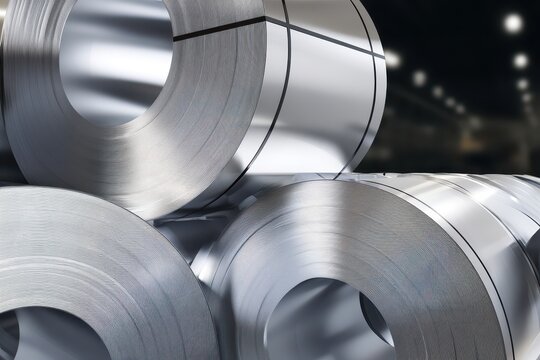 Stacked industrial steel coils in a manufacturing warehouse for metal production supply.