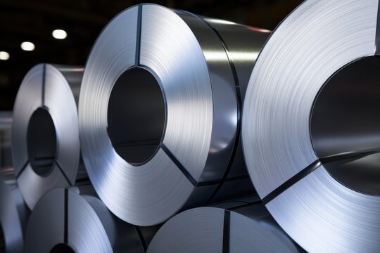 Stacked industrial steel coils in a warehouse, metal manufacturing and production storage.