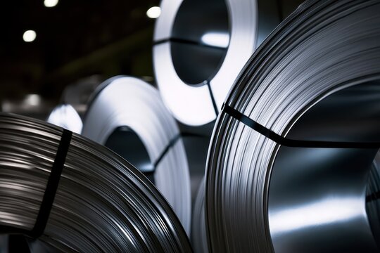 Stacked industrial steel coils in a manufacturing warehouse facility.