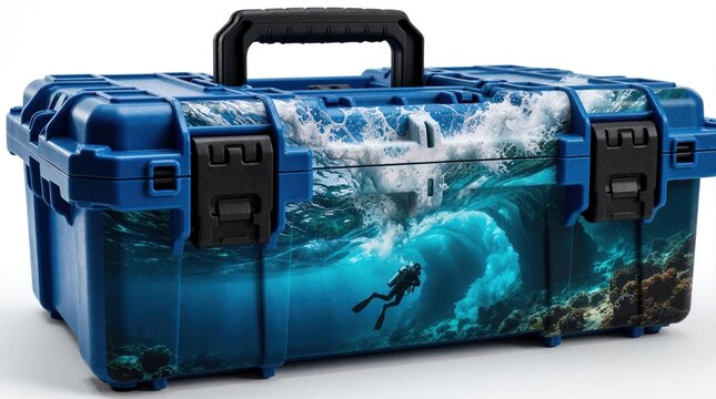 Rugged blue toolbox with ocean wave, scuba diver print. Sturdy plastic storage case features tropical underwater scene with coral reef. Heavy duty tool box for workshop outdoor use. Protective gear