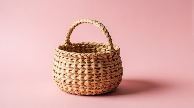 Woven straw basket with handle sits empty on pink studio backdrop. Natural texture container, stylish, minimalist object for decor or storage.