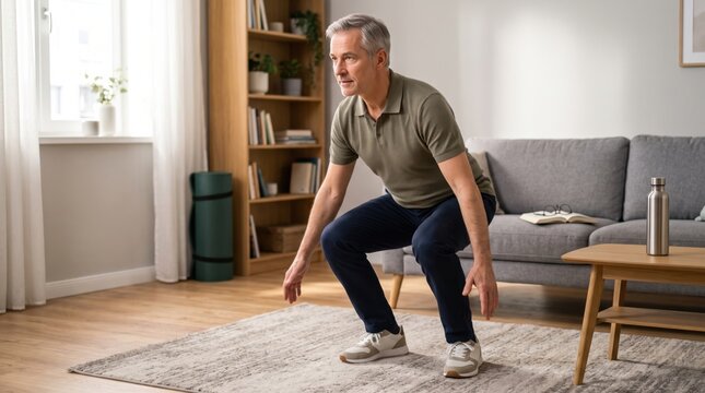 Man over 50 rises from floor with control, creating strong functional wellness image about mobility, joint health, independence and active aging.