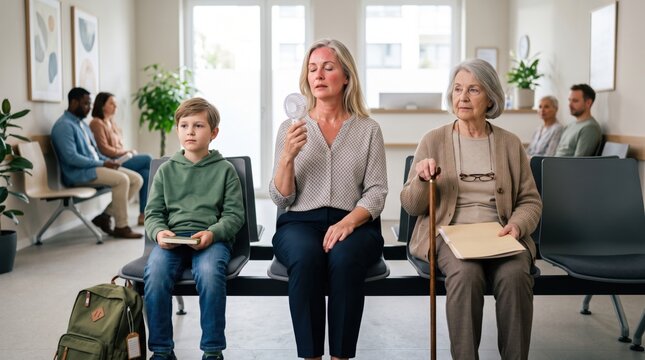 Portable fan and seated family arrangement show woman literally between younger and older generations while managing menopause symptoms in public setting.