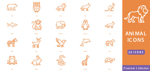 Naklejka premium Orange linear animal set featuring bear, owl, lion, wolf, kangaroo, shark, monkey, elephant, and more on a white and orange background