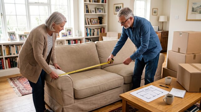 Senior couple measures large sofa before moving to smaller apartment, creating clear downsizing concept about limited space, planning and practical retirement relocation.