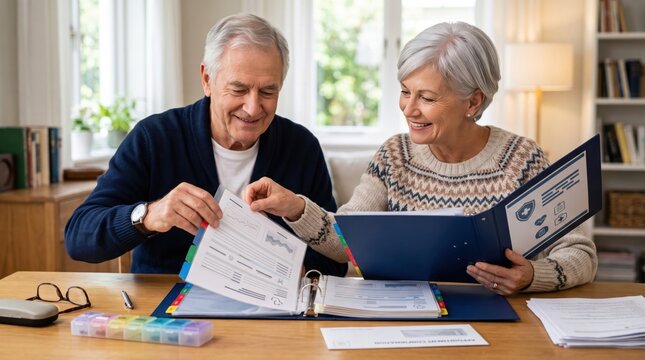 Senior couple places medical records into one organized household folder, showing retirement healthcare planning, preparedness and shared management of health information.