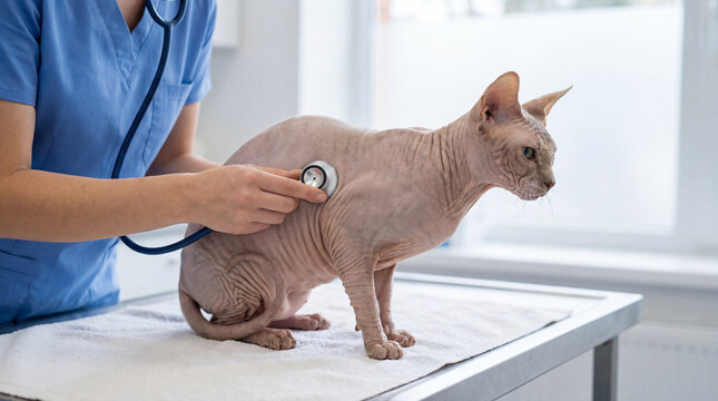 Cat receiving veterinary care in veterinary clinic, creative anthropomorphic lifestyle scene showing animal behavior, responsible care, wellbeing, humane values, education, modern lifestyle