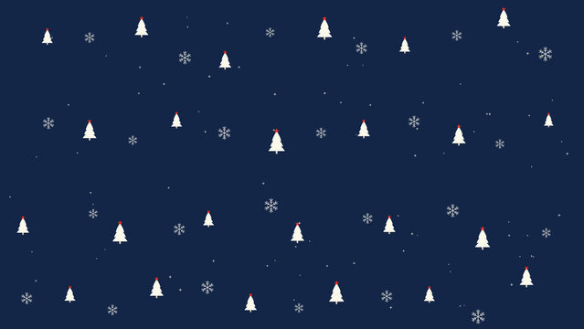 Seamless christmas pattern featuring white fir trees and delicate snowflakes on a dark navy blue background