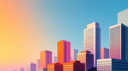 Fototapeta premium Modern cityscape illustration with colorful pastel buildings. Minimalist urban skyline features tall skyscrapers, geometric architecture under bright gradient sky. Abstract city landscape background