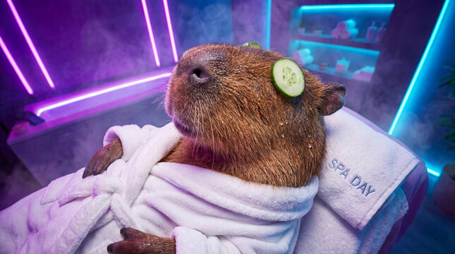 Hamster bathing in veterinary clinic, creative anthropomorphic lifestyle scene exploring animal behavior, responsible care, companionship, wellbeing, humane values, education, modern lifestyle