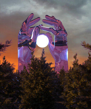Giant Glass Hands Holding Glowing Sphere Above Forest At Sunset