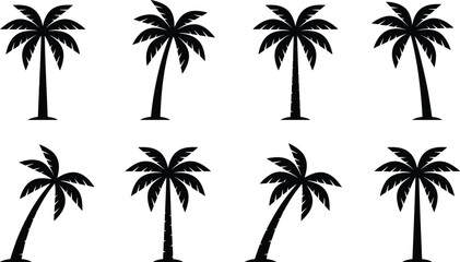 Fototapeta premium Set of black silhouette palm tree vector icons featuring straight and curved trunks for tropical summer beach designs