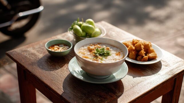 Street-style Thai breakfast featuring a bowl of savory dish on a wooden table