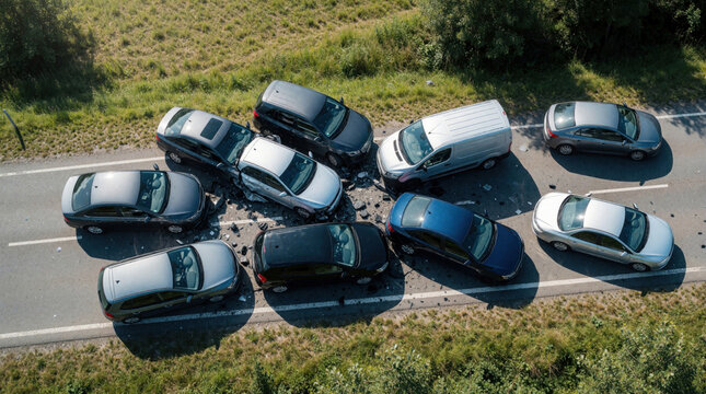 Vehicles collide on highway, debris scattered. Emergency services respond. Cars mangled, intersection gridlocked. Traffic hazard, unsafe conditions. Aerial view shows multi-car collision, chaotic