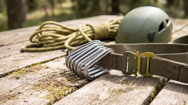Climbing gear including metal carabiners safety helmet and rope resting on a weathered rustic wooden table