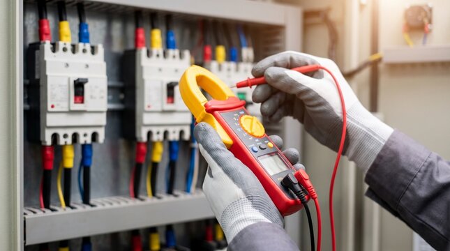 Electrician using digital clamp meter to test electrical voltage in industrial control panel circuit breaker box