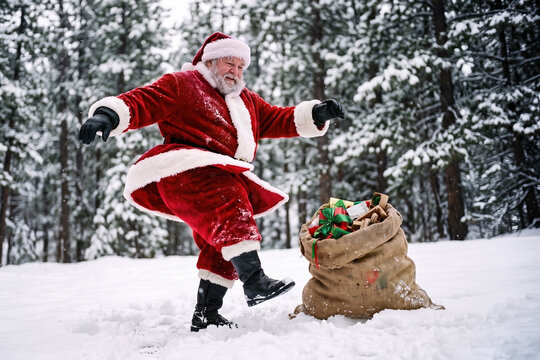 Joyful Santa Claus dancing in the snow next to a sack full of Christmas gifts in a winter forest