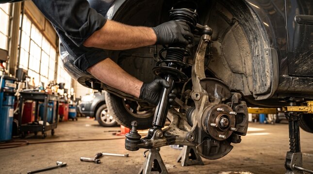 Mechanic installing car suspension strut in automotive garage workshop with professional tools and focused manual labor