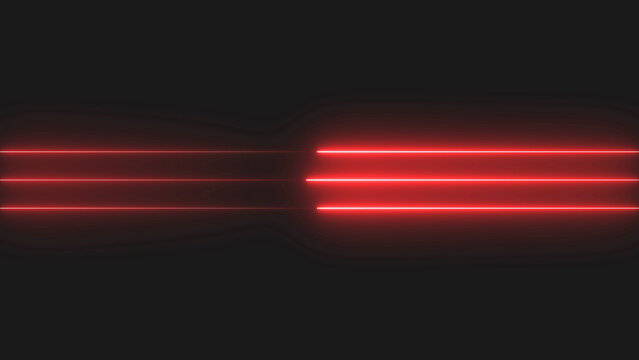 Three glowing red horizontal neon light lines separated by a dark gap on a black background representing speed motion and modern technology energy concept design
