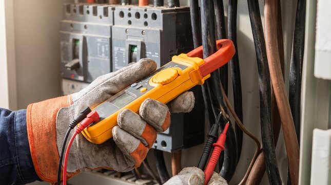 Electrician testing electrical current flow using clamp meter on thick black cables inside circuit breaker box