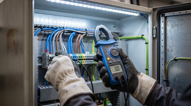 Electrician using clamp meter for testing electrical voltage in metal industrial power cabinet box panel board