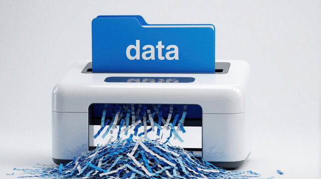 Blue folder labeled data goes into paper shredder. Office machine destroys documents creating confetti of strips. Information security and privacy concept.
