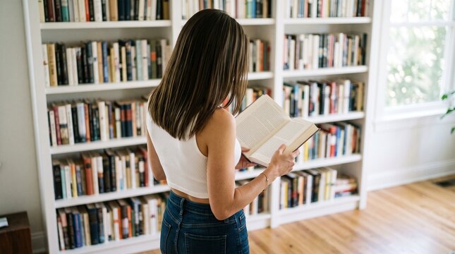 Young woman reading a book standing in front of white shelves filled with many library books