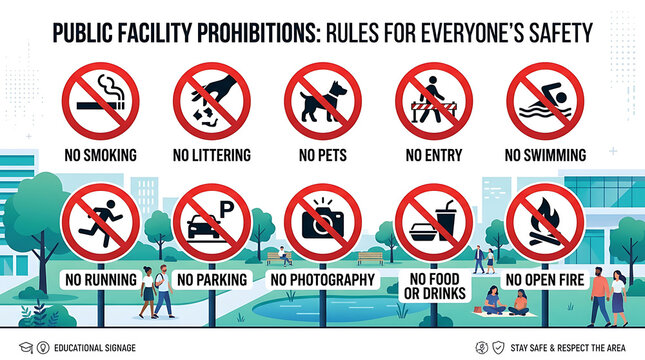 Public Facility Prohibitions Signage, Safety Rules Icons Set, No Smoking, No Littering, No Pets, No Entry, No Swimming, No Running, No Parking, No Photography, No Food or Drinks, No Open Fire