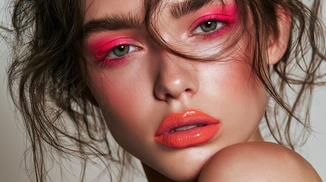 Intimate Beauty Portrait Featuring a Brunette with Bright Pink Eye Makeup and Orange Lip Color
