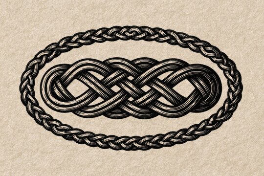 Intricate Celtic oval knot outline in black ink, decorative line art for borders and motifs