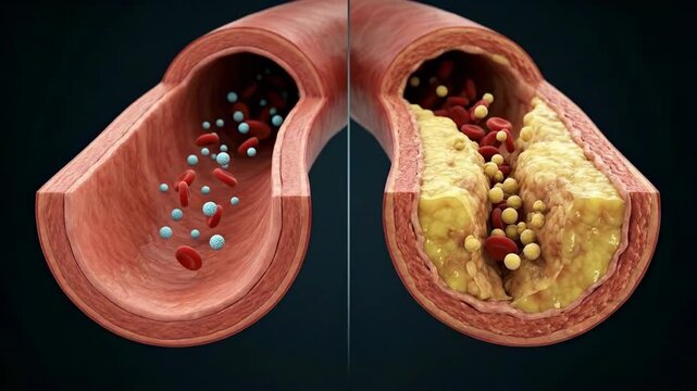 Vascular damage progression: lipid profile, plaque buildup, artery health, heart ailment, cholesterol level, blood flow, medical concept, vessel blockage.