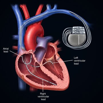 Medical diagram of biventricular CRT pacemaker with atrial and ventricular leads in human heart cross section
