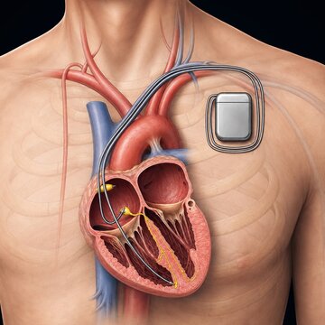 Medical diagram of implantable cardiac pacemaker device placed in male chest to regulate heart rhythm
