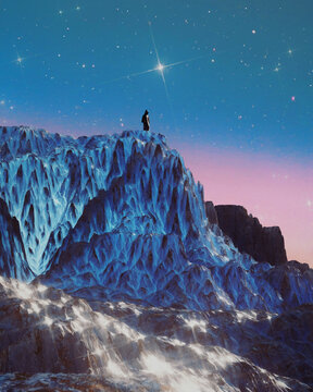 Lone Hooded Figure Standing On Crystalline Ice Peak Under Starry Sky