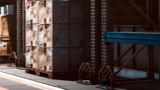 Several cardboard boxes are neatly stacked on wooden pallets inside a warehouse. The area is structured with metal racks and has bright lighting.