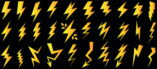 Collection of yellow and golden lightning bolt, thunder and electric energy symbols in different shapes and styles. Isolated graphic elements on black background © GanastoreBB