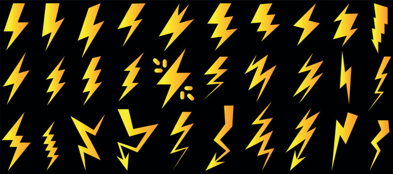 Collection of yellow and golden lightning bolt, thunder and electric energy symbols in different shapes and styles. Isolated graphic elements on black background