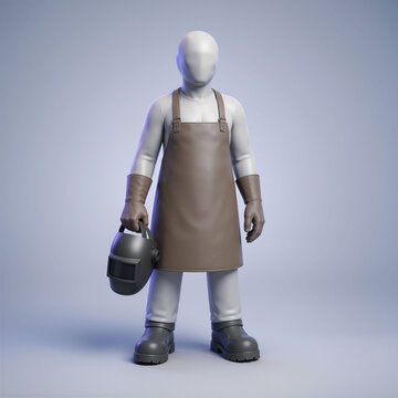 Welder holding welding helmet in protective workwear