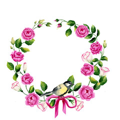 Wreath with eustoma, green leaves, pink roses and tit bird. Watercolor hand drawn illustrations isolated on white background for cards, postcards © Viktoriia