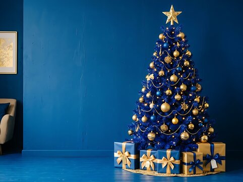 Blue christmas tree decorated with gold baubles and gifts against a matching