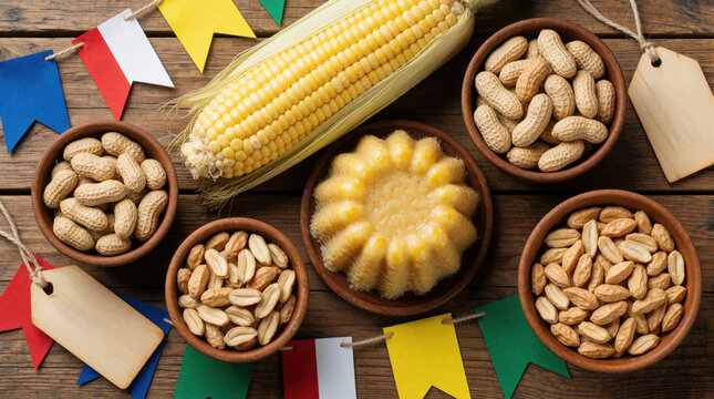 Corn, peanuts, and sweet treats arranged on rustic wood table with festive flags. Traditional Brazilian food celebration setup, rural harvest feast display with natural organic snacks.