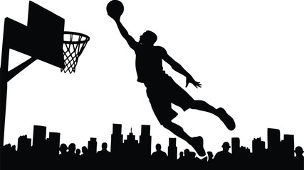Silhouette of a basketball player performing a powerful slam dunk against a city skyline background © RaselCreativeWorks