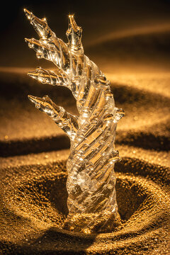 Conceptual close-up of a glass-like fulgurite formed when lightning strikes sand, creating a branching structure illuminated by dramatic golden light.