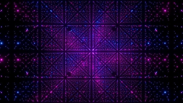 Futuristic seamless loop animation of moving through a geometric matrix of blue and purple spheres 3d render, neon synthwave infinite zoom grid backdrop with glow flashes