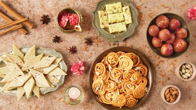 Top view of assorted Indian sweets including Jalebi, Gulab Jamun, Kaju Katli, and Barfi arranged with festive decorations for Diwali celebration.