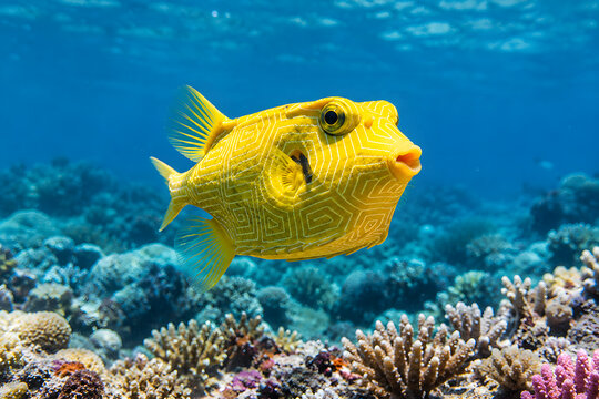 Bright yellow boxfish with an unusual geometric pattern swimming above a colorful tropical coral reef in clear blue ocean water.