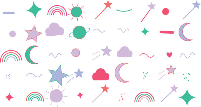 Magical celestial sky icons bundle featuring cute stars, moons, rainbows, and dreamy planet elements for creative design