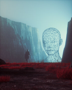 Mysterious Hooded Figure Standing Before Wireframe Wire Head In Red Grass Canyon