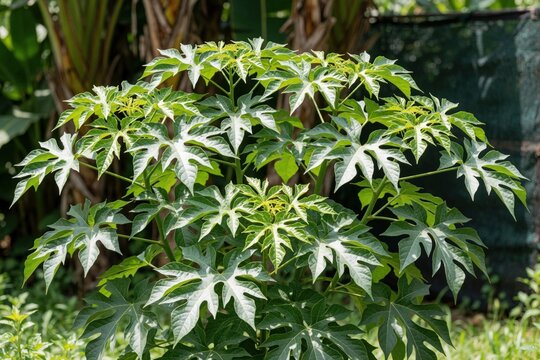 Cnidoscolus chayamansa plant grows outdoors. It has large lobed green leaves with white in stems. Also called leaf papaya or tree spinach. Useful for health.